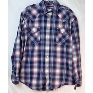Panhandle Rough Stock Men's Medium Blue/Red Plaid Pearl Snap Western Shirt